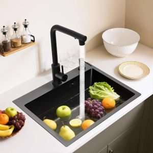 TFGXUE Fregadero de cocina de 50 x 45 cm, de acero inoxidable con grifo extraíble, escurreplatos, escurridor y dispensador de jabón, color negro moderno, juego completo